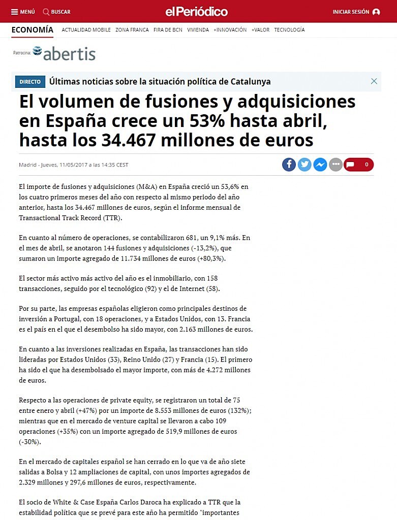 El volumen de fusiones y adquisiciones en Espaa crece un 53% hasta abril, hasta los 34.467 millones de euros